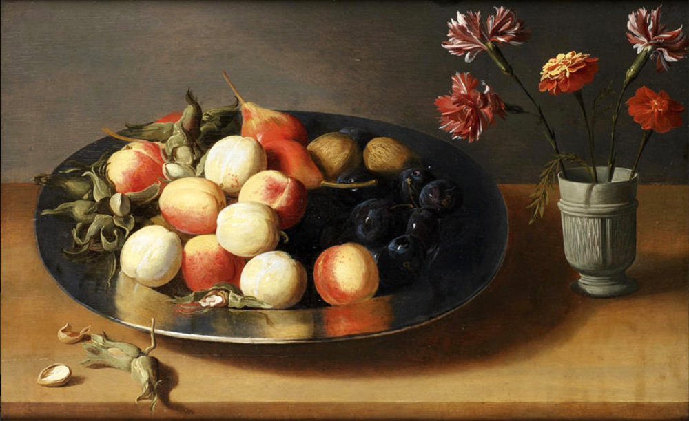peaches pears nuts and a vase of carnations